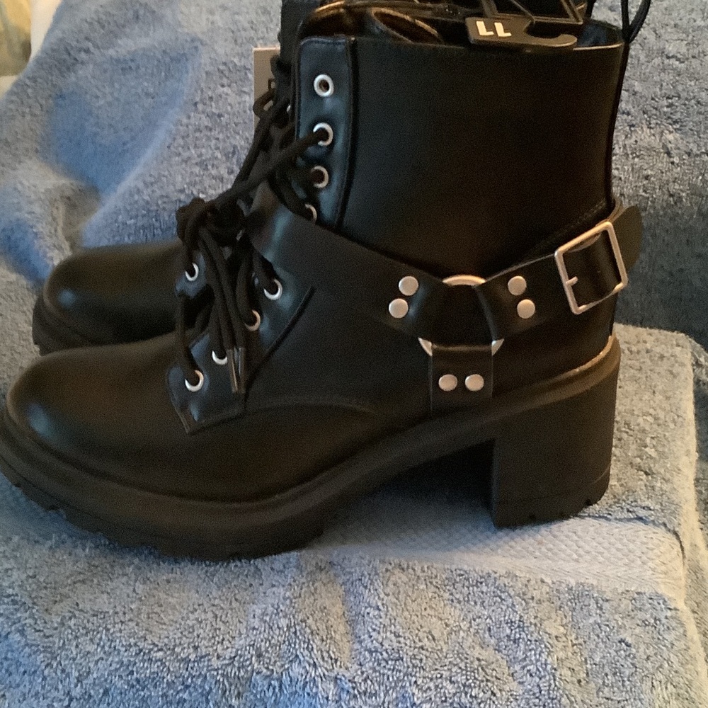 No Boundaries Black Lace-Up Chunky Heel Harness Boots
